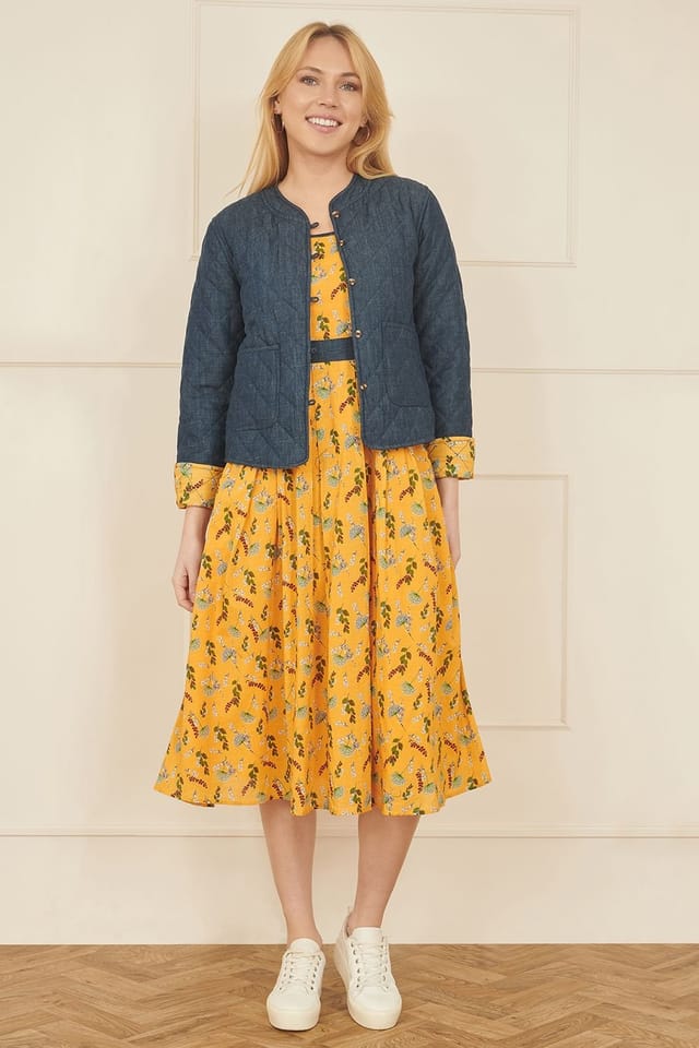 Yumi Yumi Women's Mustard Floral Skater Dress With Denim Trims - 2
