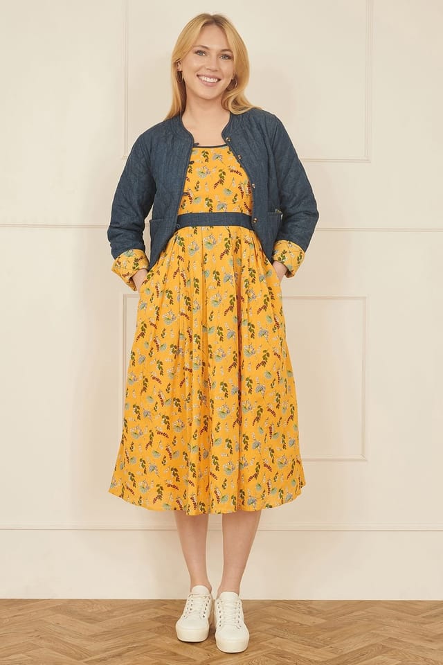 Yumi Yumi Women's Mustard Floral Skater Dress With Denim Trims - 3