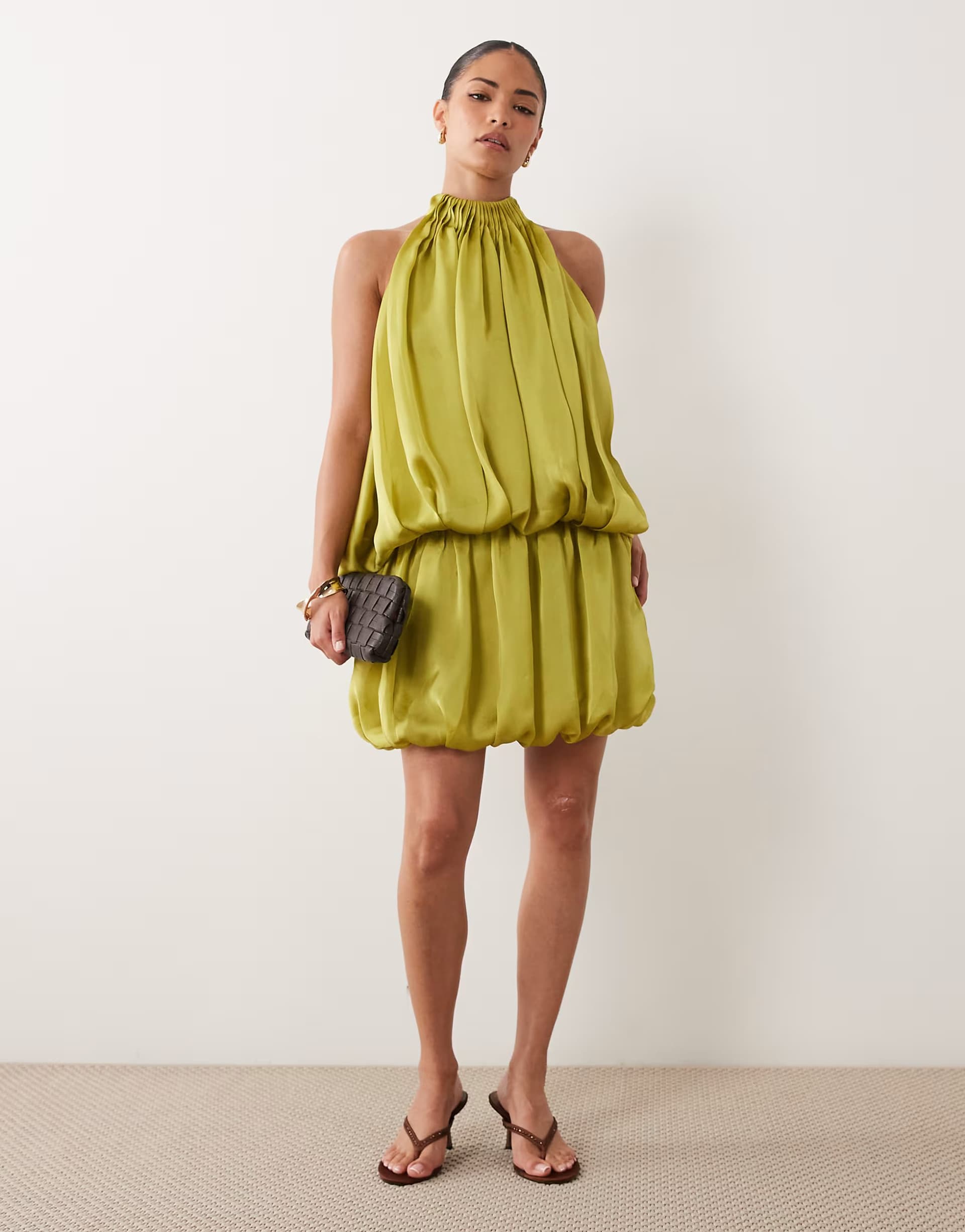 ASOS ASOS DESIGN Petite halter neck layered bubble satin mini dress in olive green