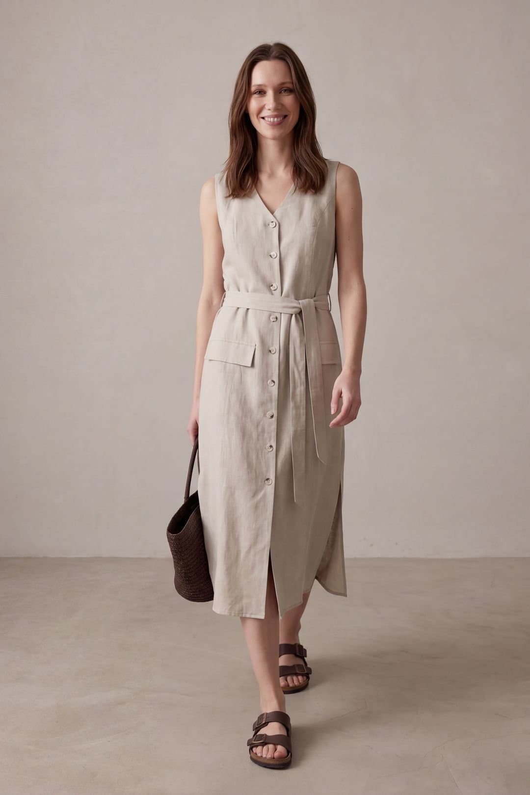 MyFashion MyFashion Women's Cotton Poplin Midi Shirt Dress in Stone