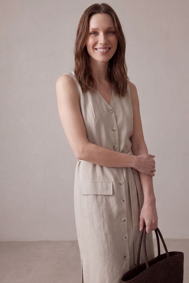 MyFashion MyFashion Women's Cotton Poplin Midi Shirt Dress in Stone - 2