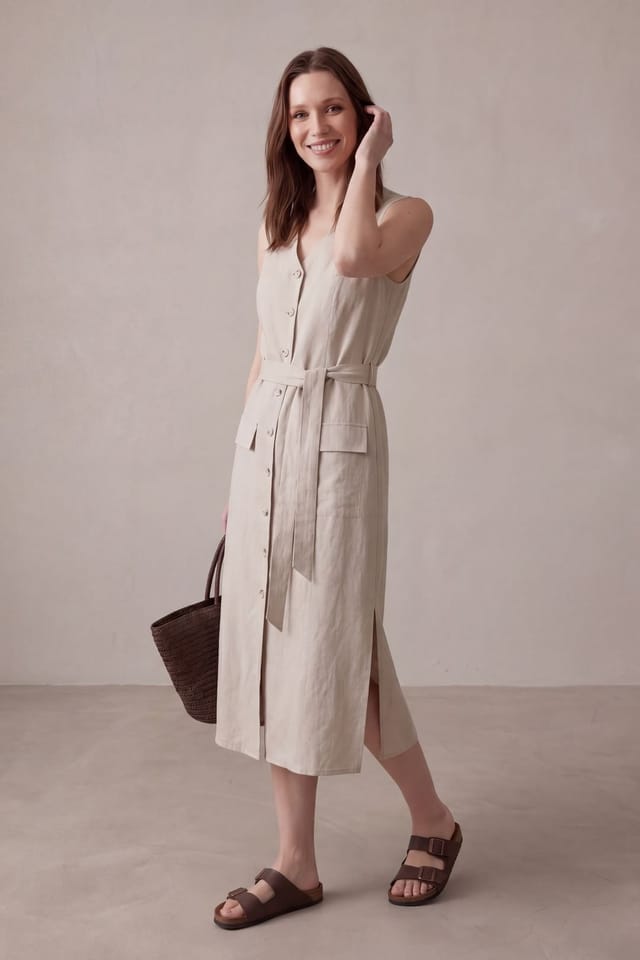 MyFashion MyFashion Women's Cotton Poplin Midi Shirt Dress in Stone - 3