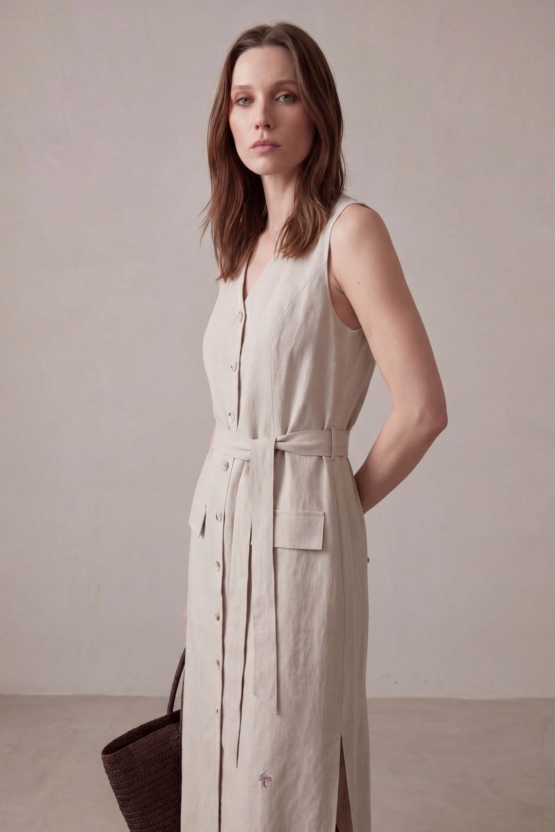MyFashion MyFashion Women's Cotton Poplin Midi Shirt Dress in Stone - 4