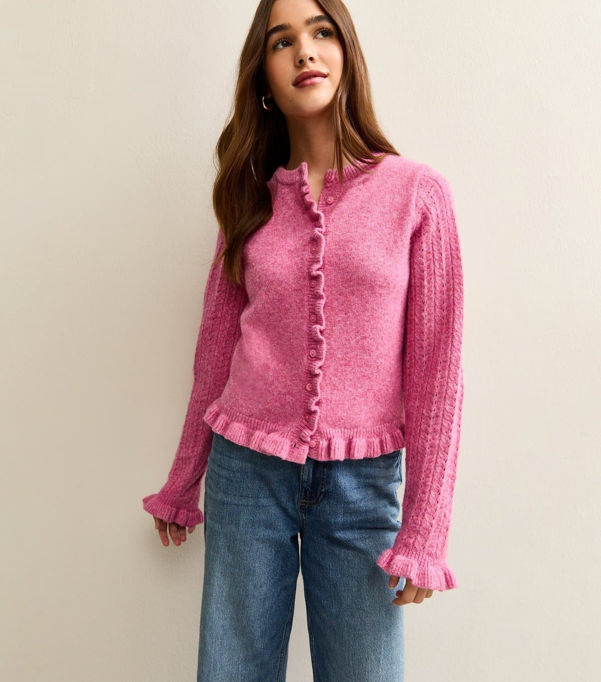 New Look Women's Pink Frilly Button Front Cardigan New Look