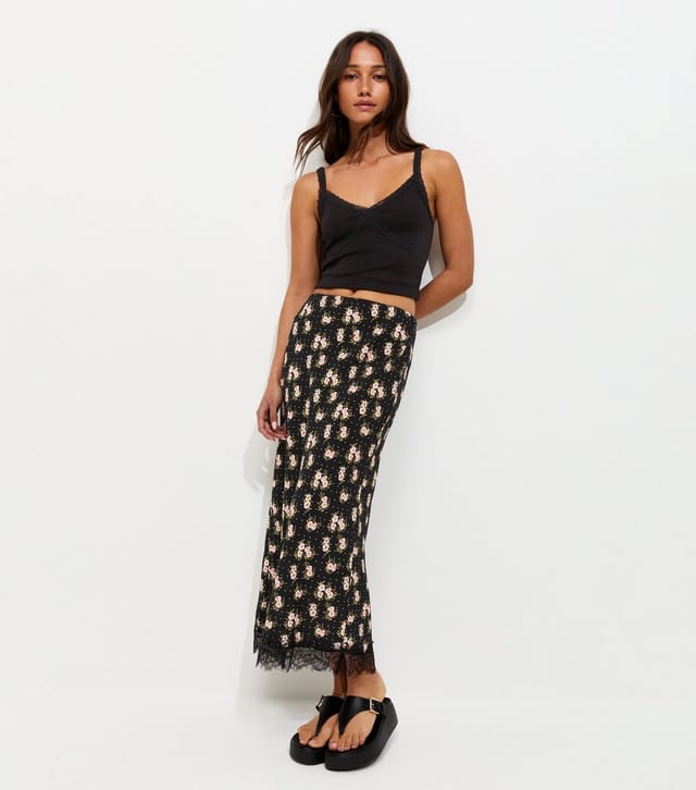 New Look Women's Black Floral Print Lace Trim Midi Skirt New Look - 2