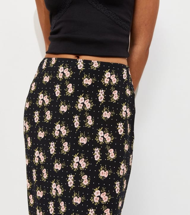 New Look Women's Black Floral Print Lace Trim Midi Skirt New Look - 3