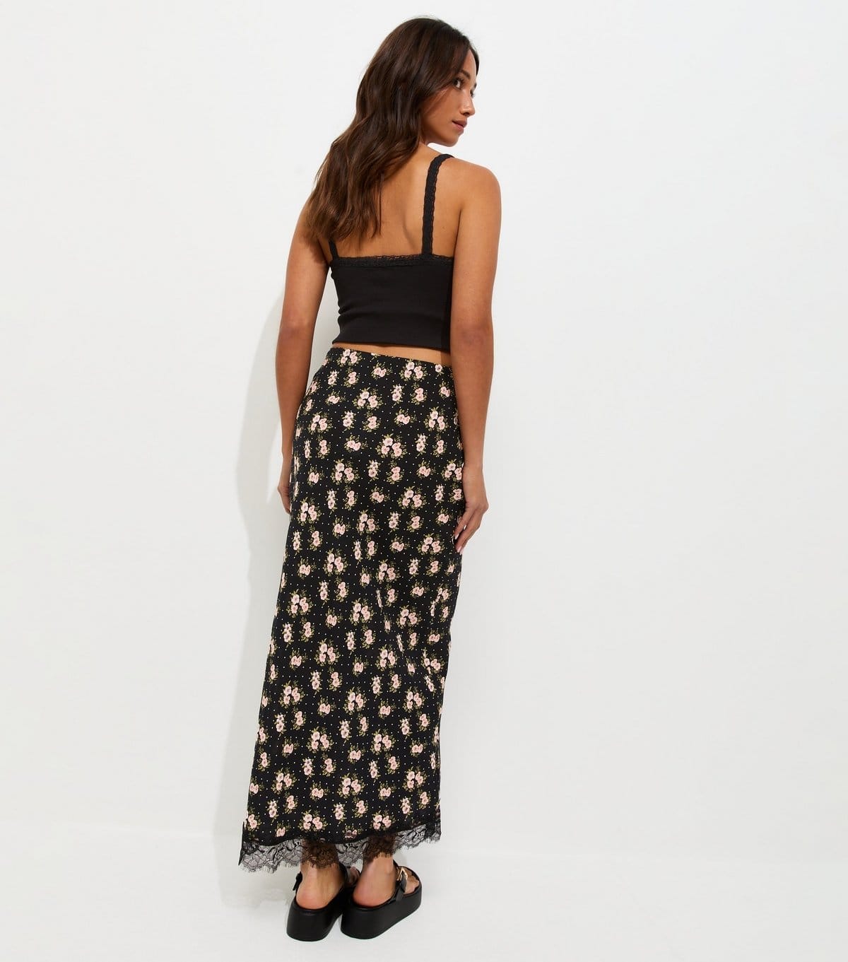 New Look Women's Black Floral Print Lace Trim Midi Skirt New Look - 4