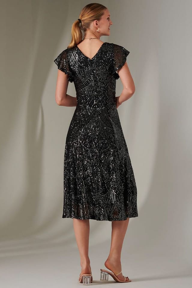 Jolie Moi Jolie Moi Women's Sequin V Neck FIt & Flare Midaxi Dress in Black - 2