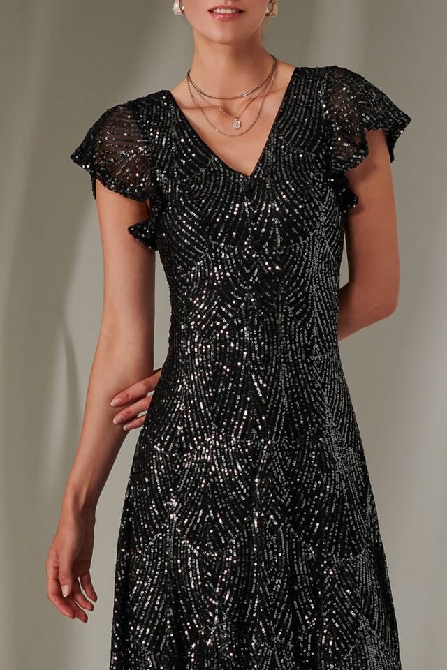 Jolie Moi Jolie Moi Women's Sequin V Neck FIt & Flare Midaxi Dress in Black - 3
