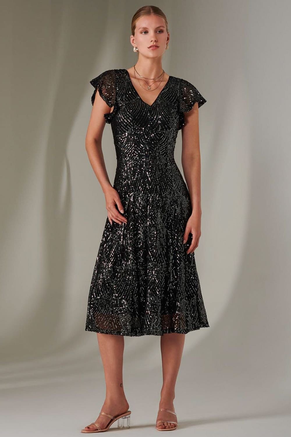 Jolie Moi Jolie Moi Women's Sequin V Neck FIt & Flare Midaxi Dress in Black - 4