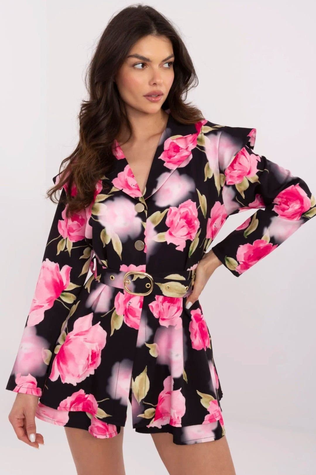 Love Lace Love Lace Women's Floral Print Ruffle Shoulder Belt Jumpsuit