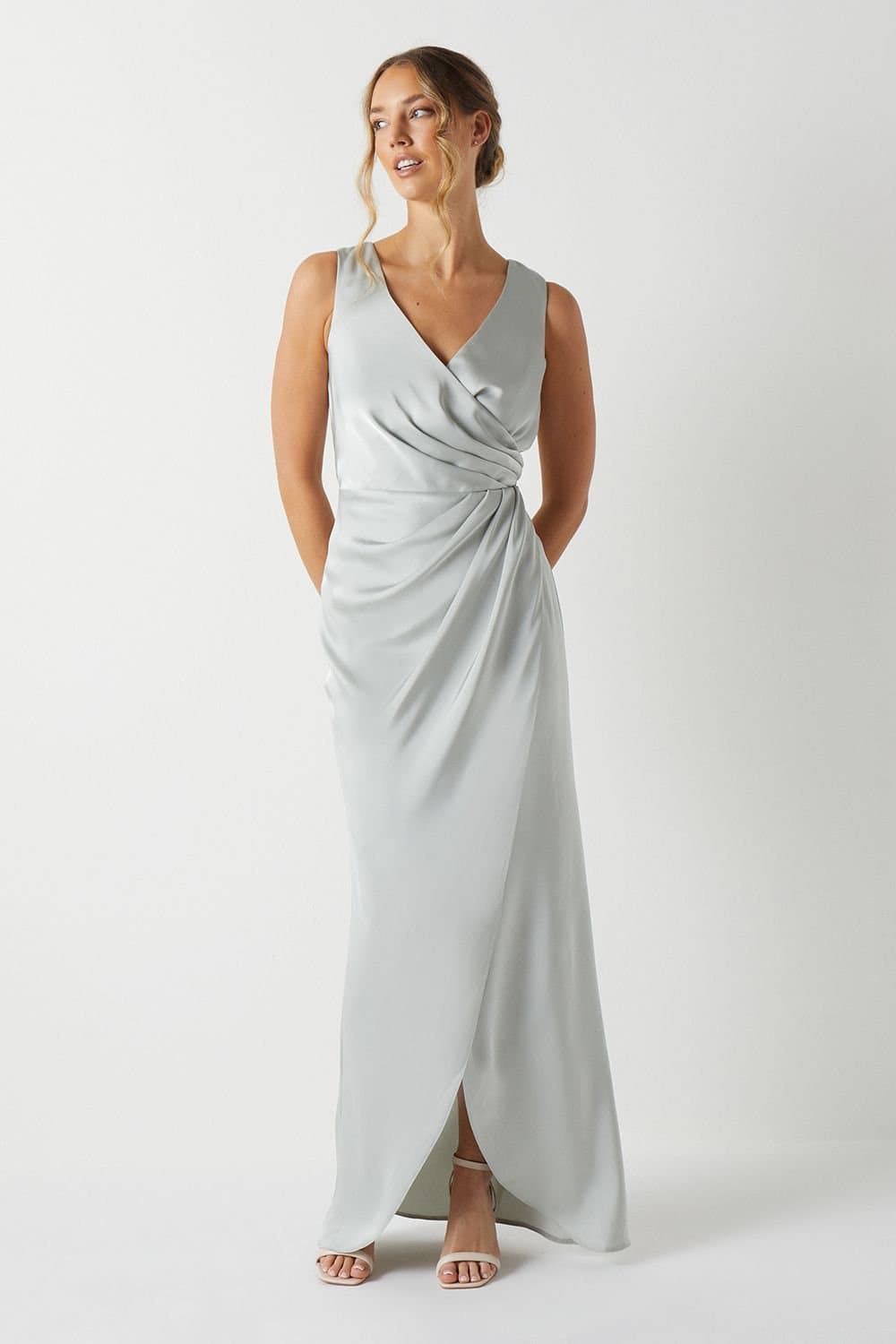 Coast Coast Women's Ruched Waist Detail Satin Bridesmaid Dress in Sage