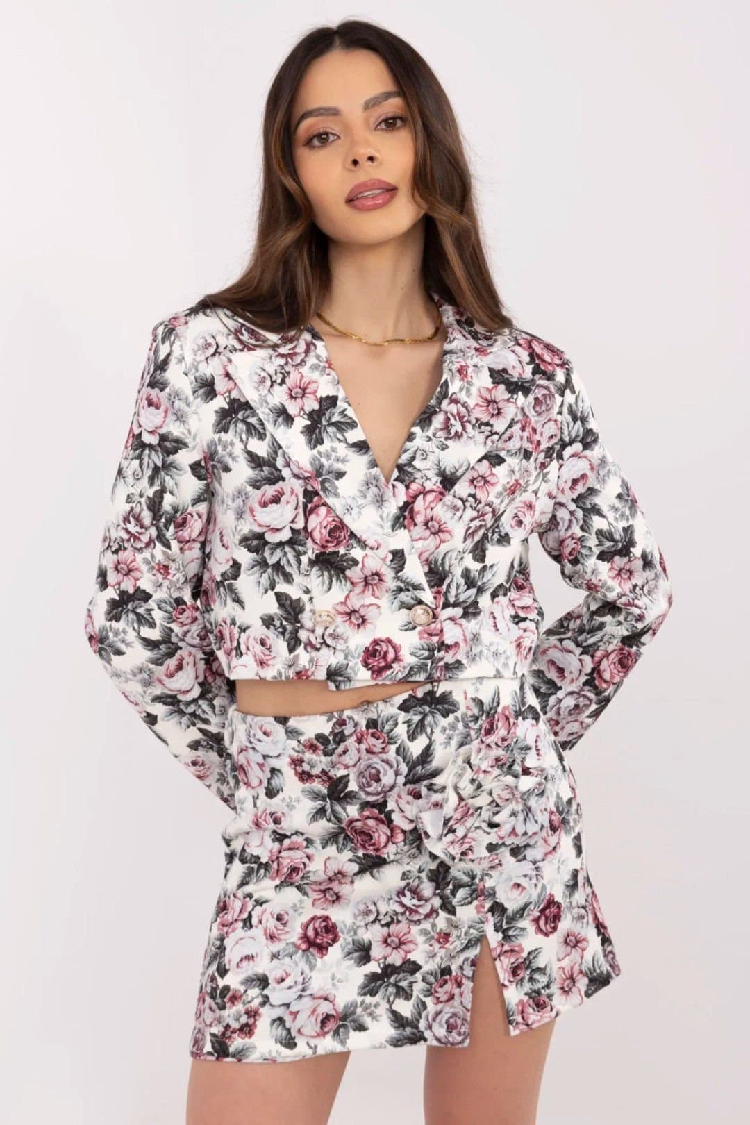 Love Lace Love Lace Women's Floral Crop Jacket & Shorts Skirt Set in Grey