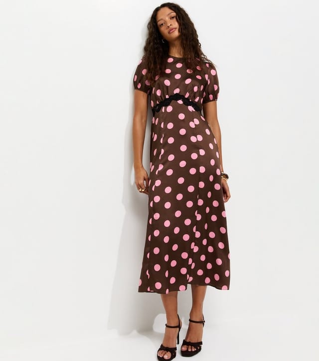 New Look Women's Brown Satin Polka Dot Puff Sleeve Midi Dress New Look - 3