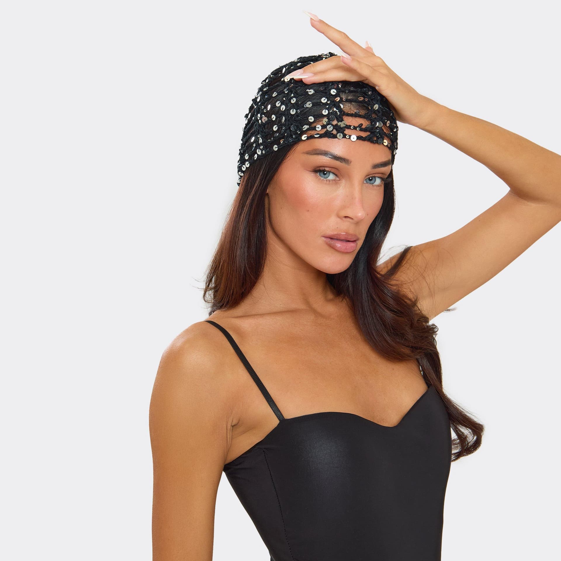EGO EGO Black Sequin Detail Crochet Knit Hat, Women's