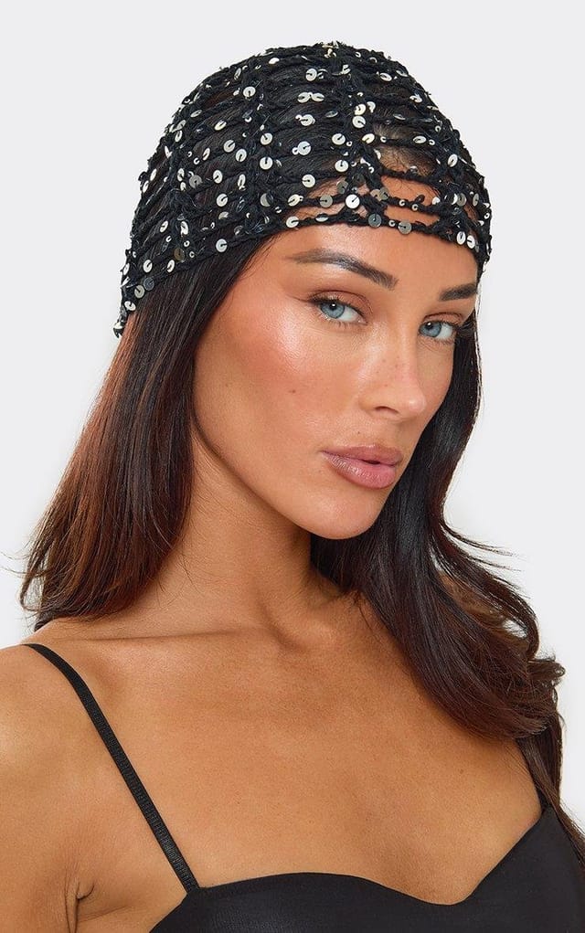 EGO Sequin Detail Hat In Black Crochet Knit, Women's Size UK 0 - 2