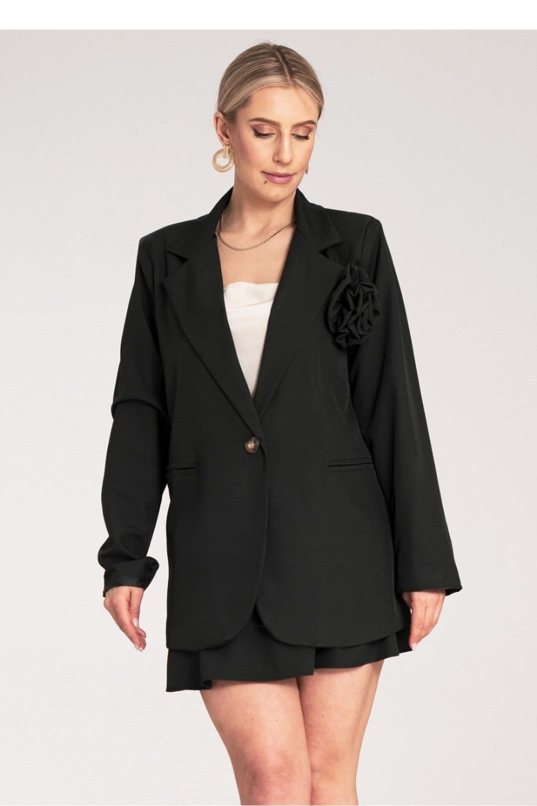 Love Lace Love Lace Women's Elegant One Button Jacket with Floral Applique in Black