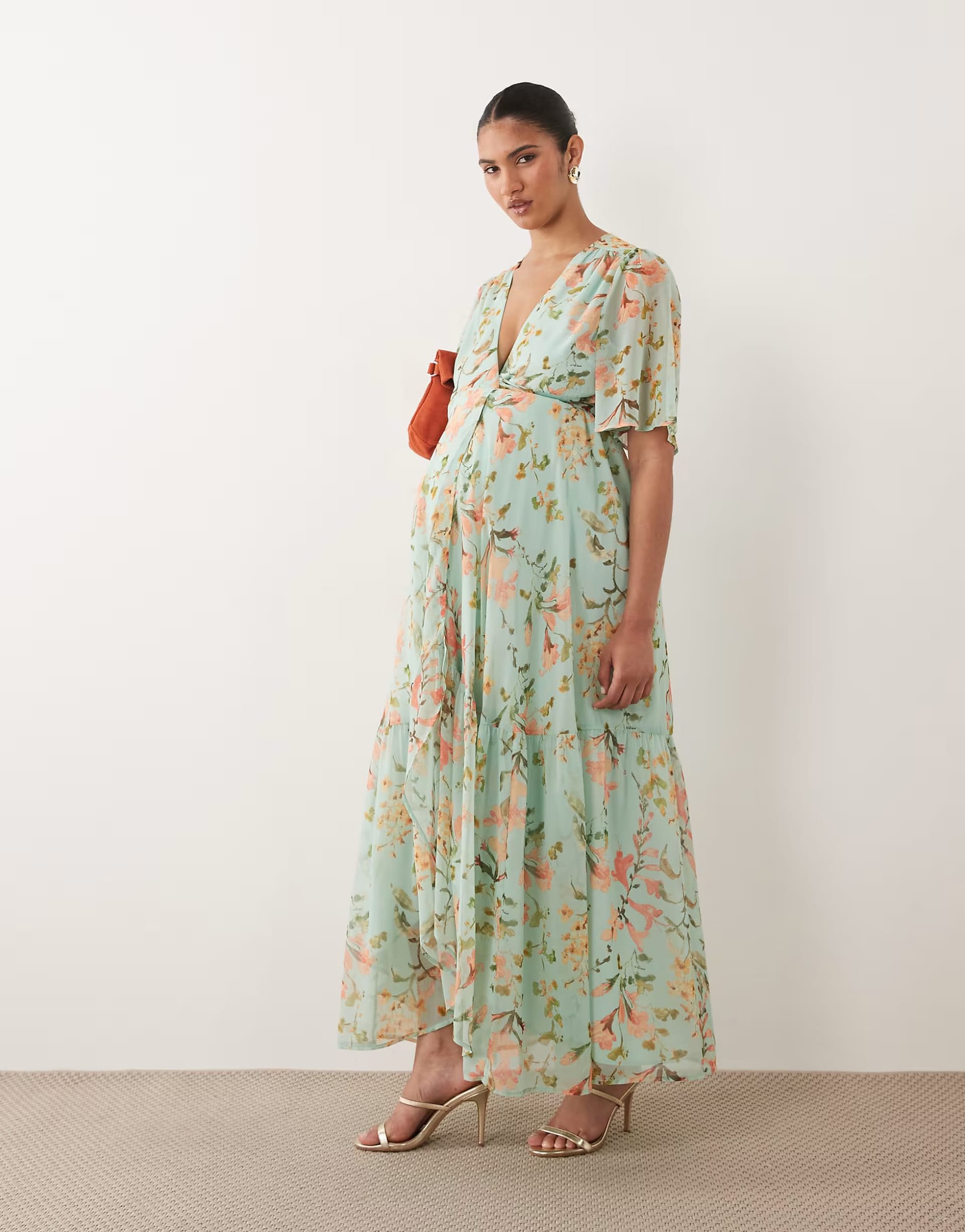 Hope & Ivy Maternity Sage Floral Wrap Maxi Dress
