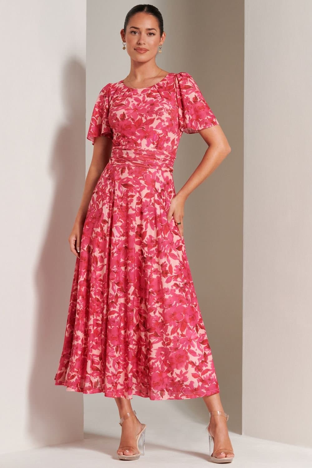 Jolie Moi Jolie Moi Women's Elvira Print Mesh Maxi Dress in Pink