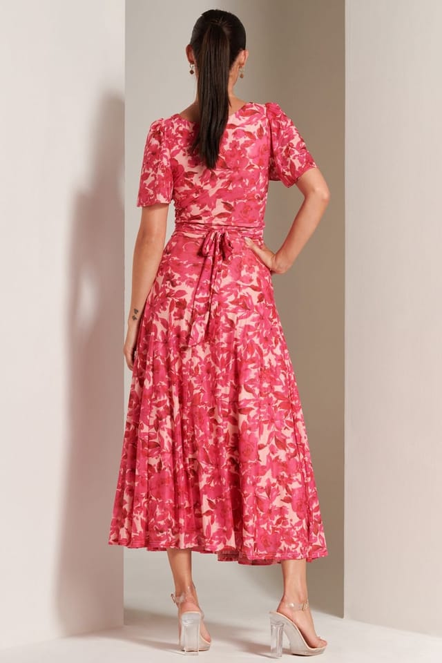 Jolie Moi Jolie Moi Women's Elvira Print Mesh Maxi Dress in Pink - 2