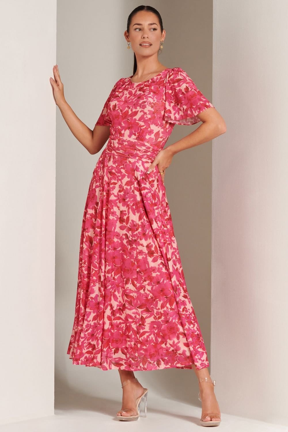 Jolie Moi Jolie Moi Women's Elvira Print Mesh Maxi Dress in Pink - 4