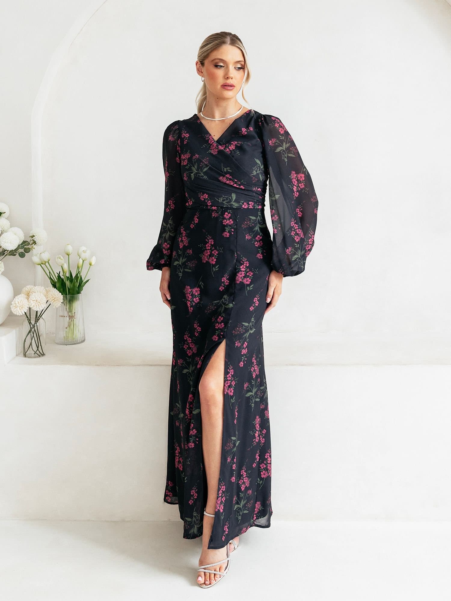 Anaya with Love Anaya with Love Women's Floral Faux Wrap Long Sleeve Maxi Dress in Black
