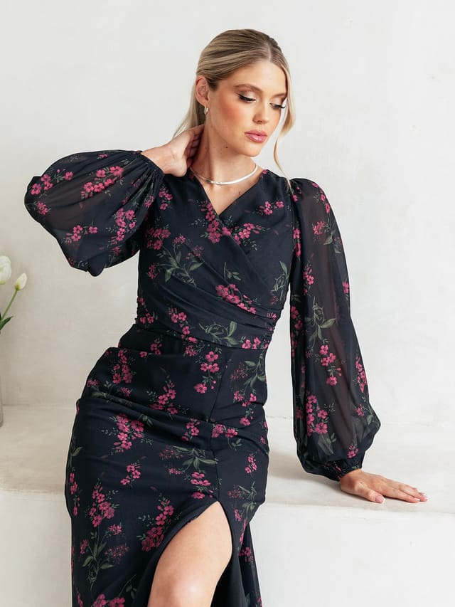 Anaya with Love Anaya with Love Women's Floral Faux Wrap Long Sleeve Maxi Dress in Black - 2