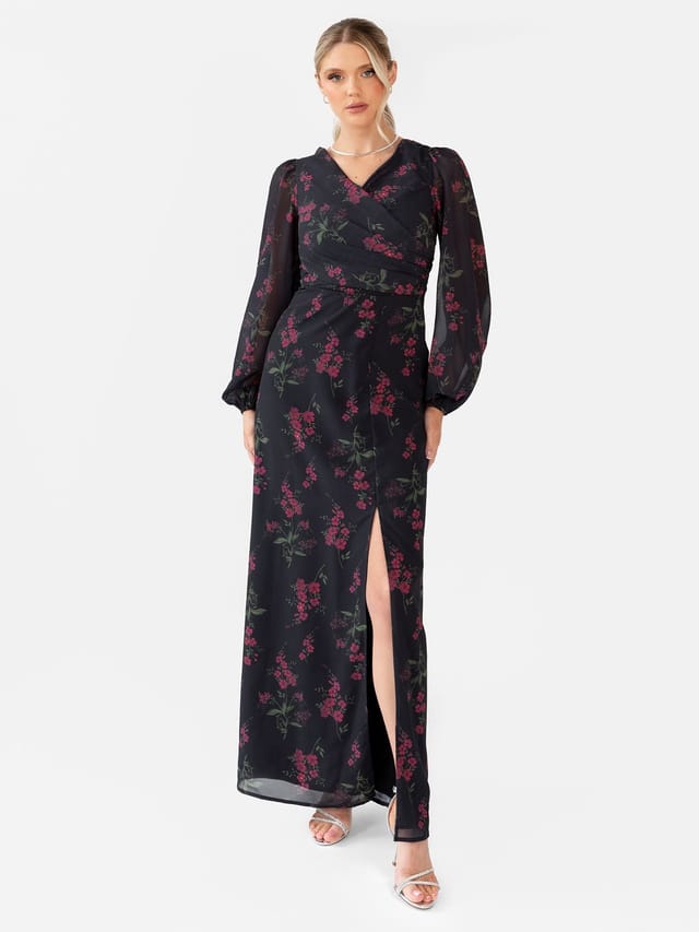 Anaya with Love Anaya with Love Women's Floral Faux Wrap Long Sleeve Maxi Dress in Black - 3