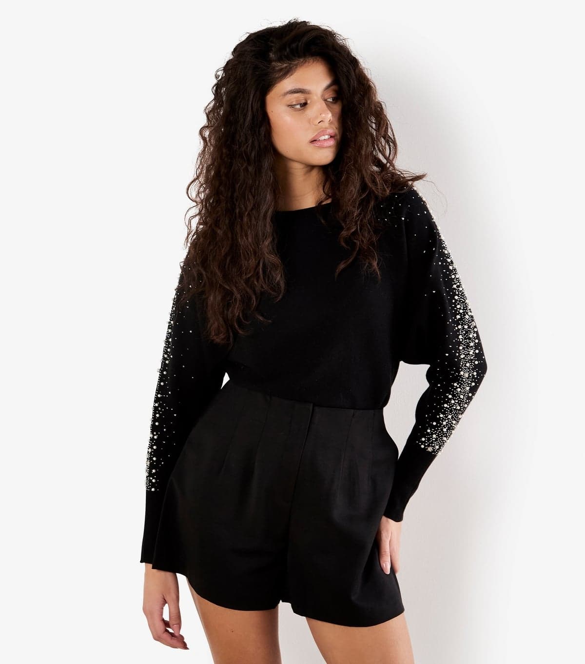 Apricot Women's Black Faux Pearl Stud Batwing Jumper Apricot New Look