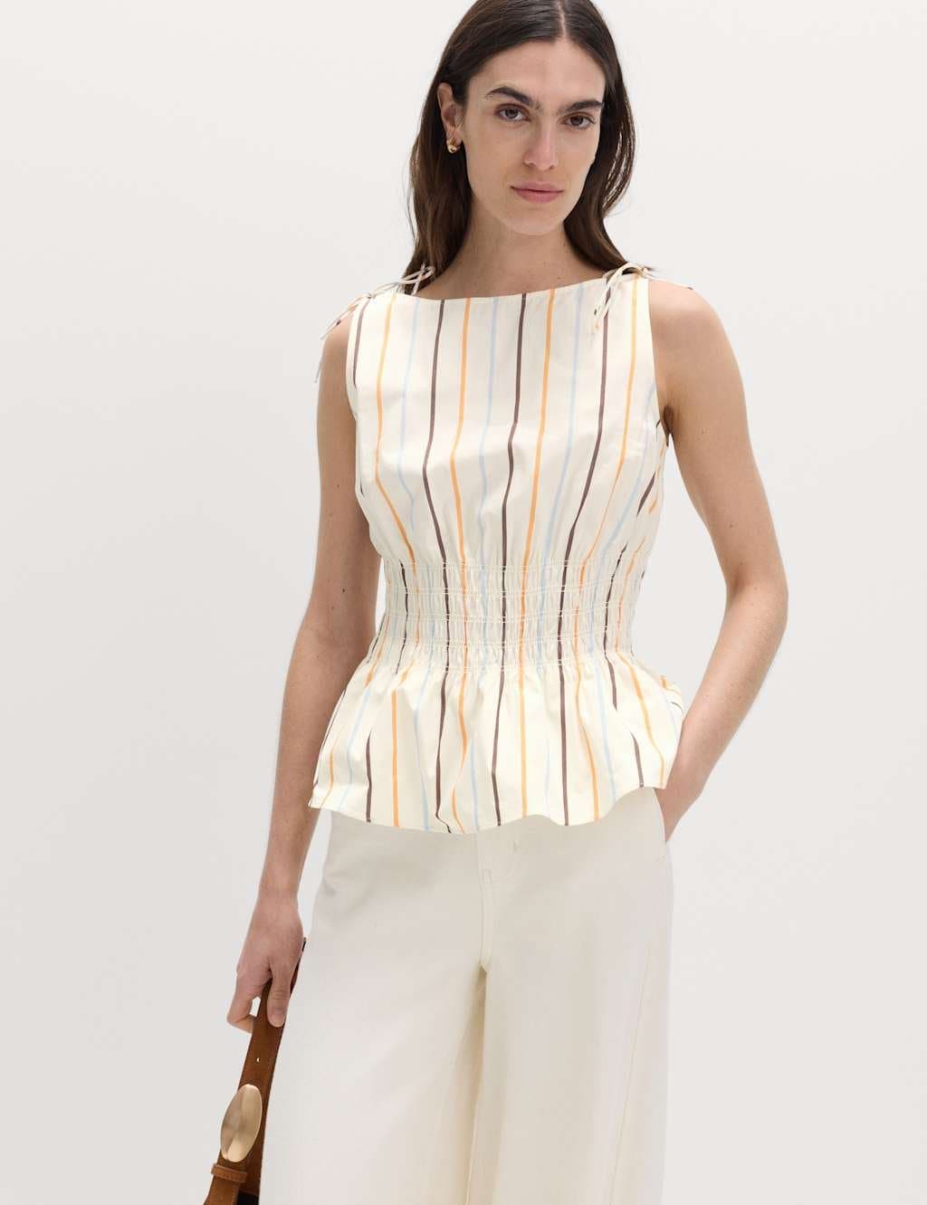 Marks & Spencer M&S Pure Cotton Striped Shirred Waisted Top White Mix