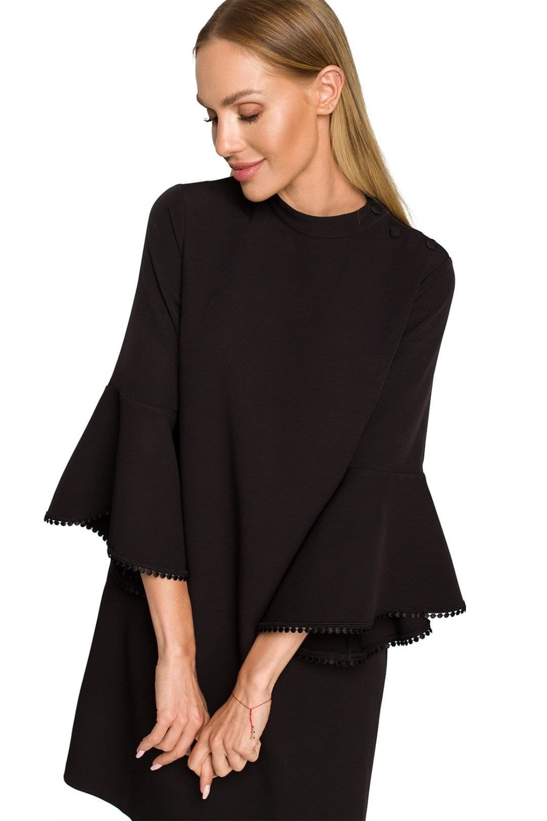 Love Lace Black Crepe A-Line Dress with Ruffle Sleeves