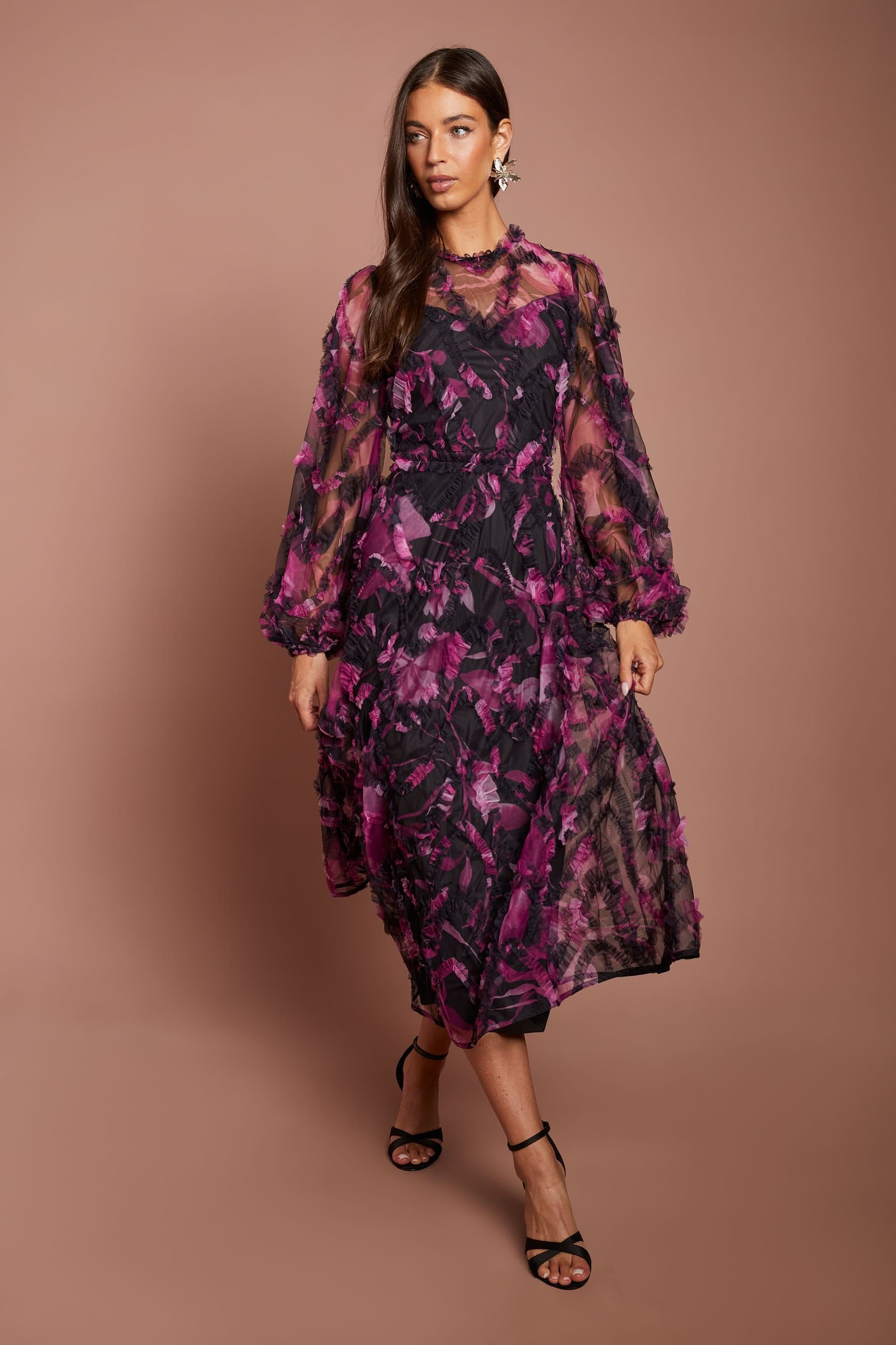 Coast Coast Women's Long Sleeve Applique Floral Midi Dress in Burgundy