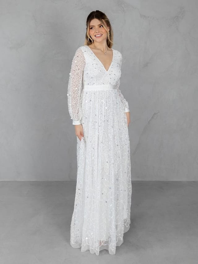 Maya Deluxe Maya Deluxe Women's Bridal Embellished Long Sleeve V Neck Maxi Dress in White - 2