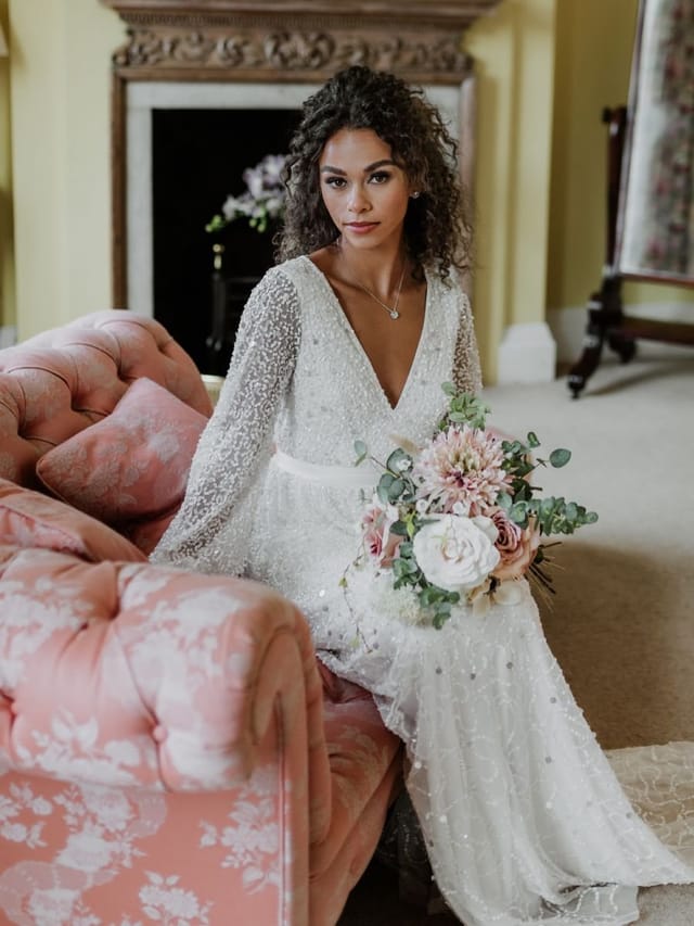 Maya Deluxe Maya Deluxe Women's Bridal Embellished Long Sleeve V Neck Maxi Dress in White - 3