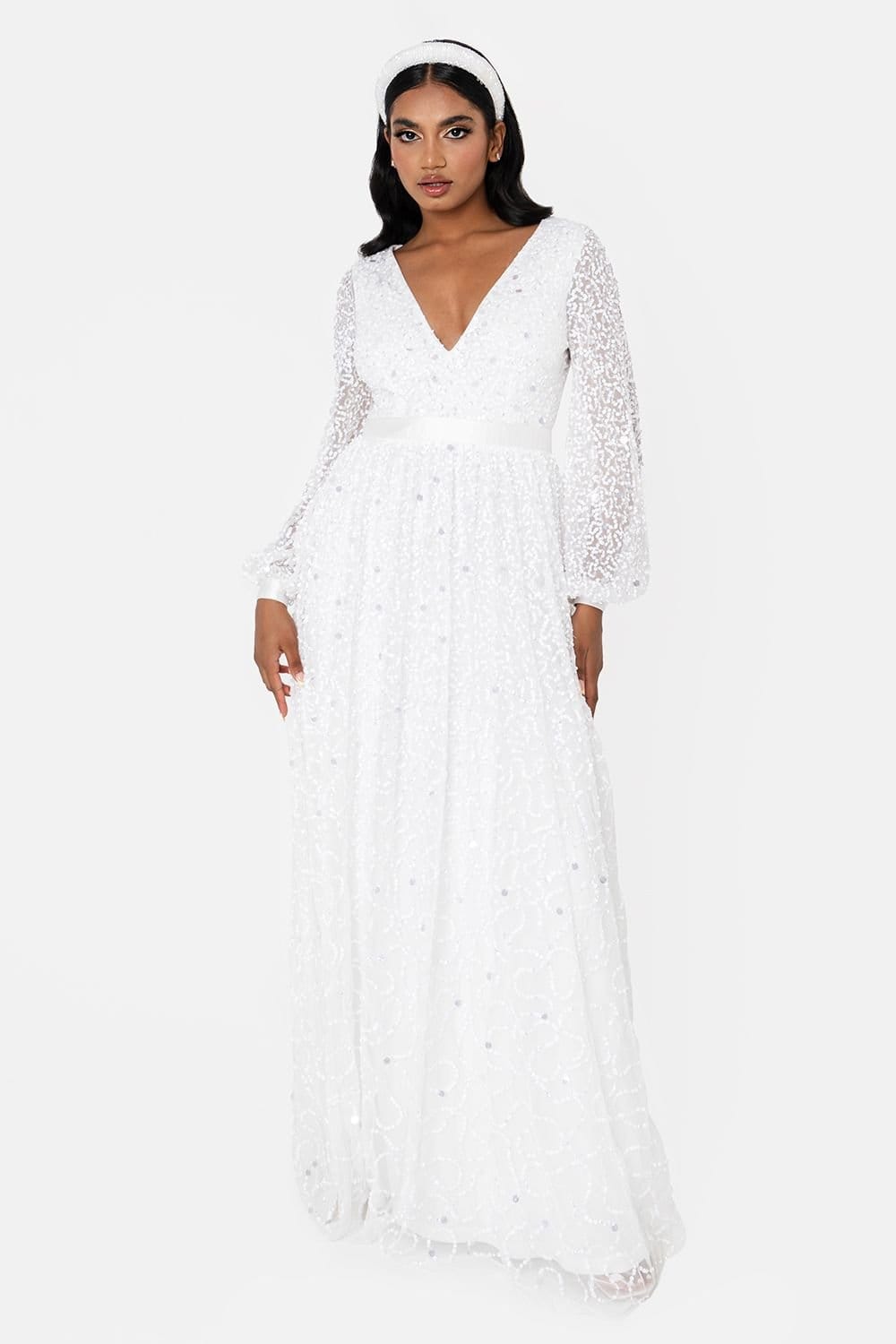 Maya Deluxe Maya Deluxe Women's Bridal Embellished Long Sleeve V Neck Maxi Dress in White - 4