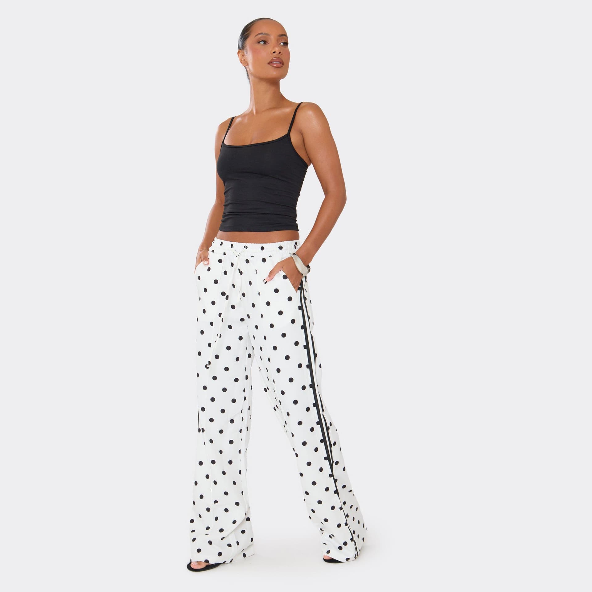 EGO Drawstring Waist Side Stripe Trousers In White Polka Dot, Women's Size UK L