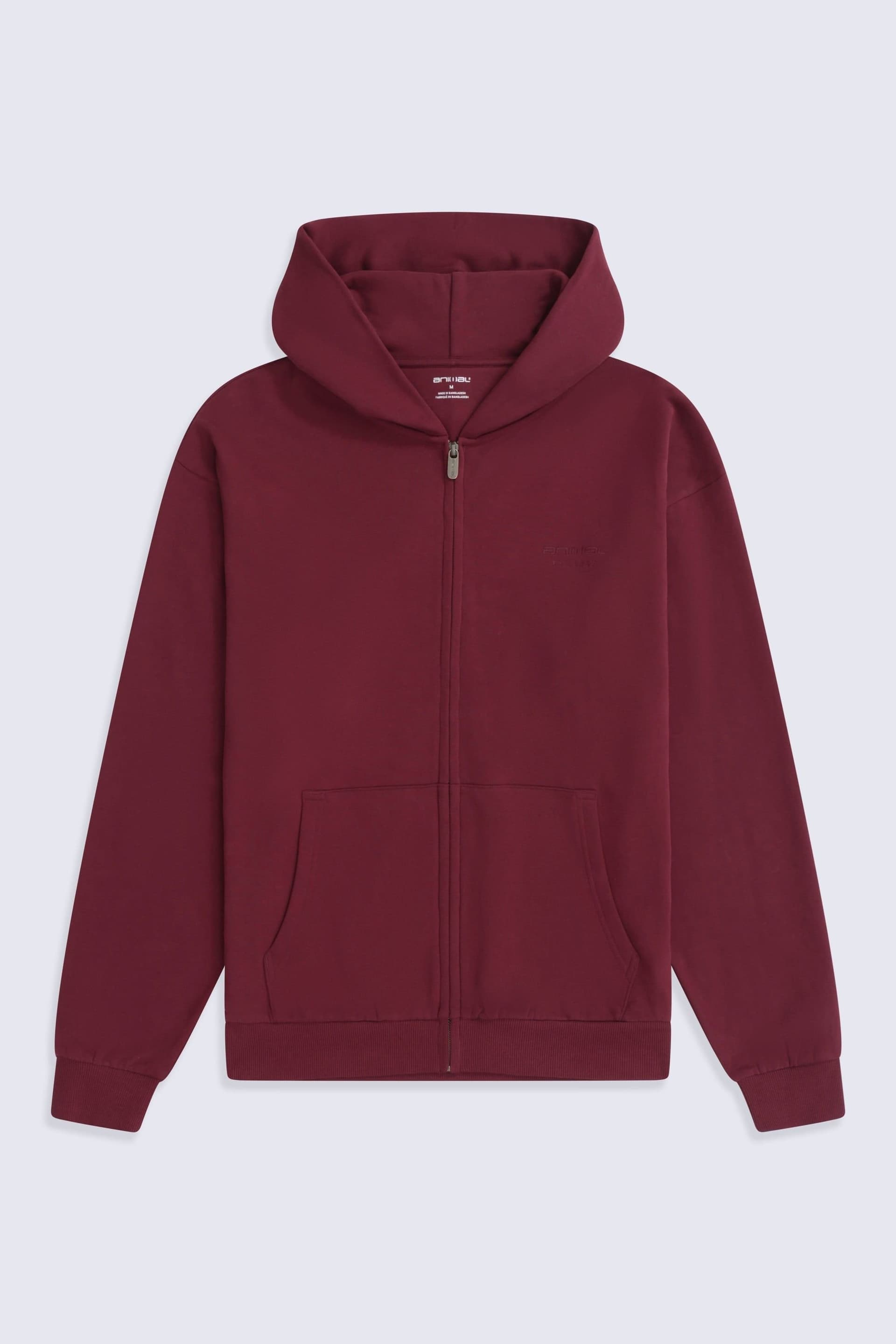 Animal Animal Men's 'Icon' Warm Comfortable Adjustable Hood Casual Logo Zip Through Hoodie in Burgundy