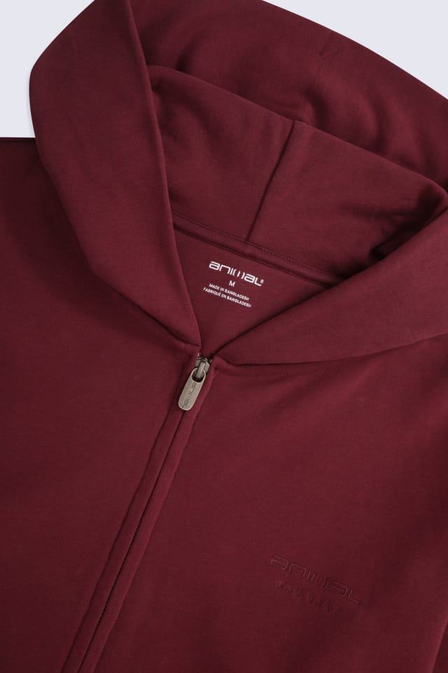 Animal Animal Men's 'Icon' Warm Comfortable Adjustable Hood Casual Logo Zip Through Hoodie in Burgundy - 3