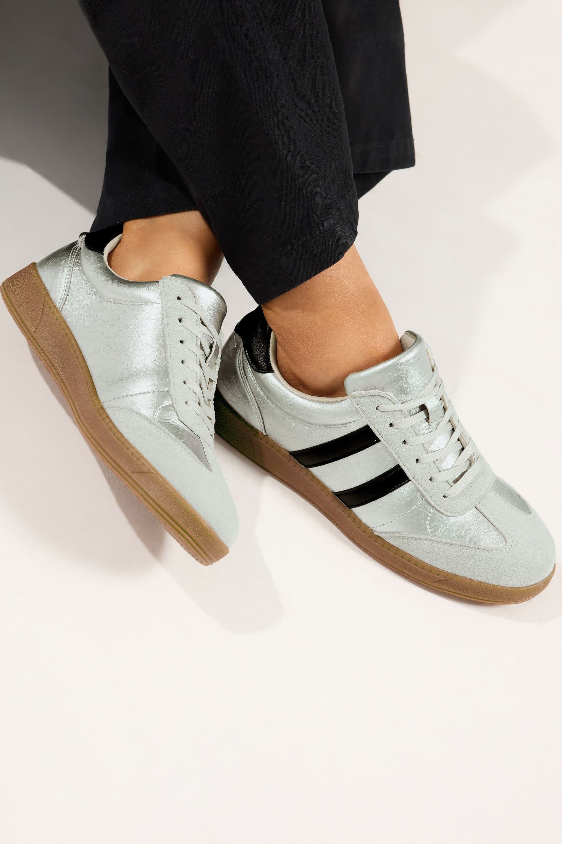 Yours Sliver Side Stripe Lace Up Trainers In Wide E Fit & Extra Eee Fit