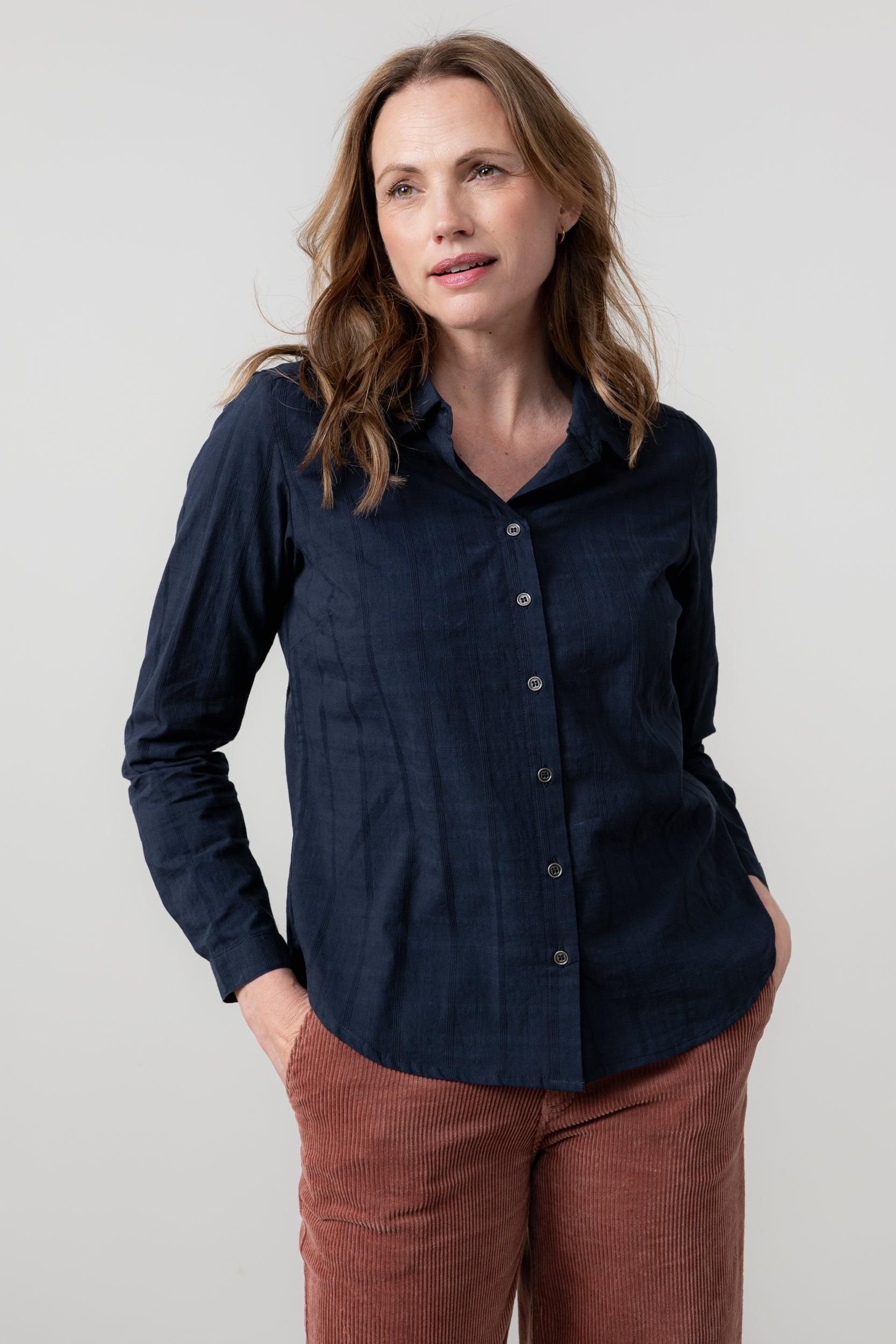 Lily & Me Lily & Me Women's Patsy Long Sleeve Cotton Check Shirt with Classic collar & cuffs in Navy - 4