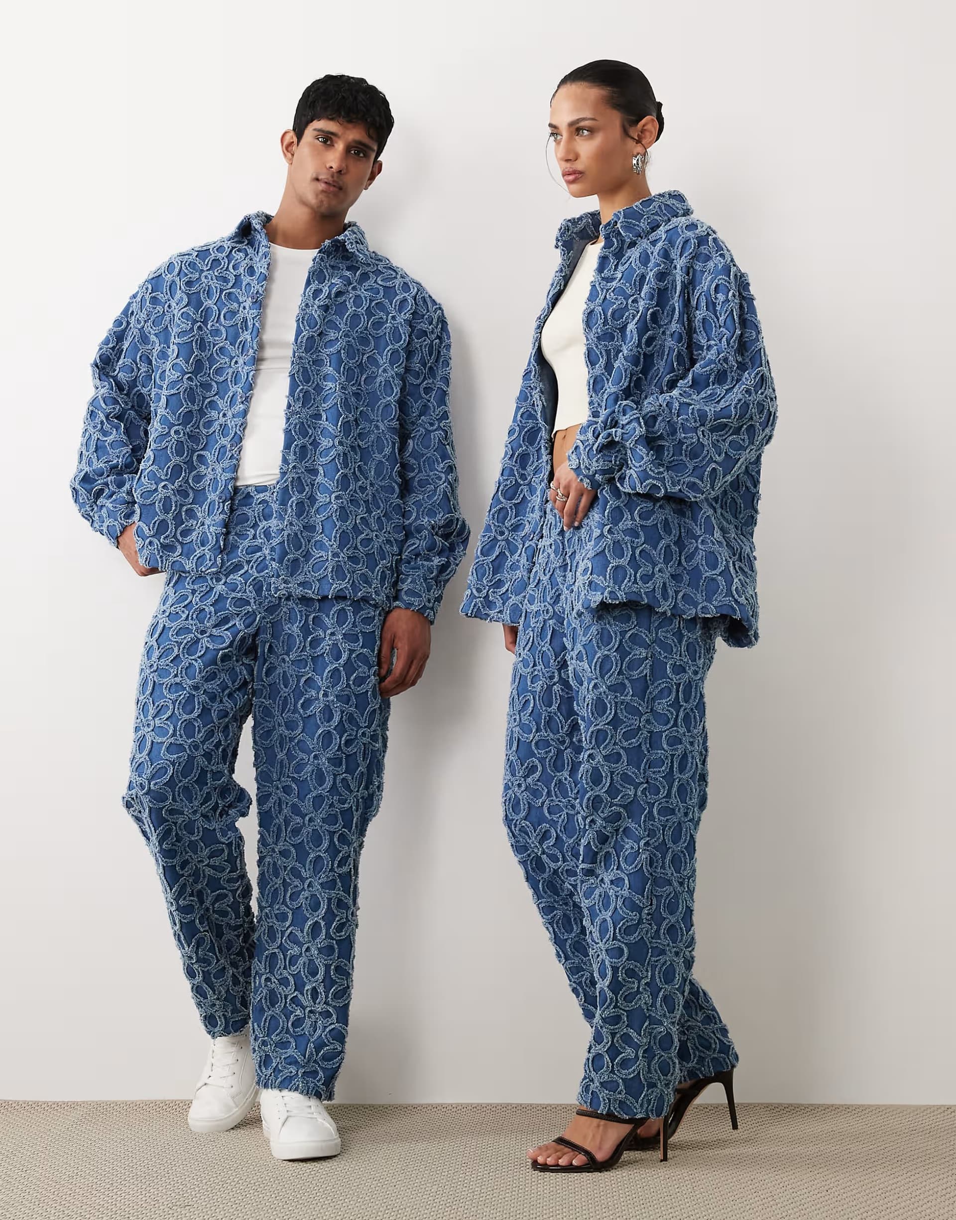 ASOS Sister Jane Unisex Manon Fleur denim shirt and jeans co-ord in mid blue wash
