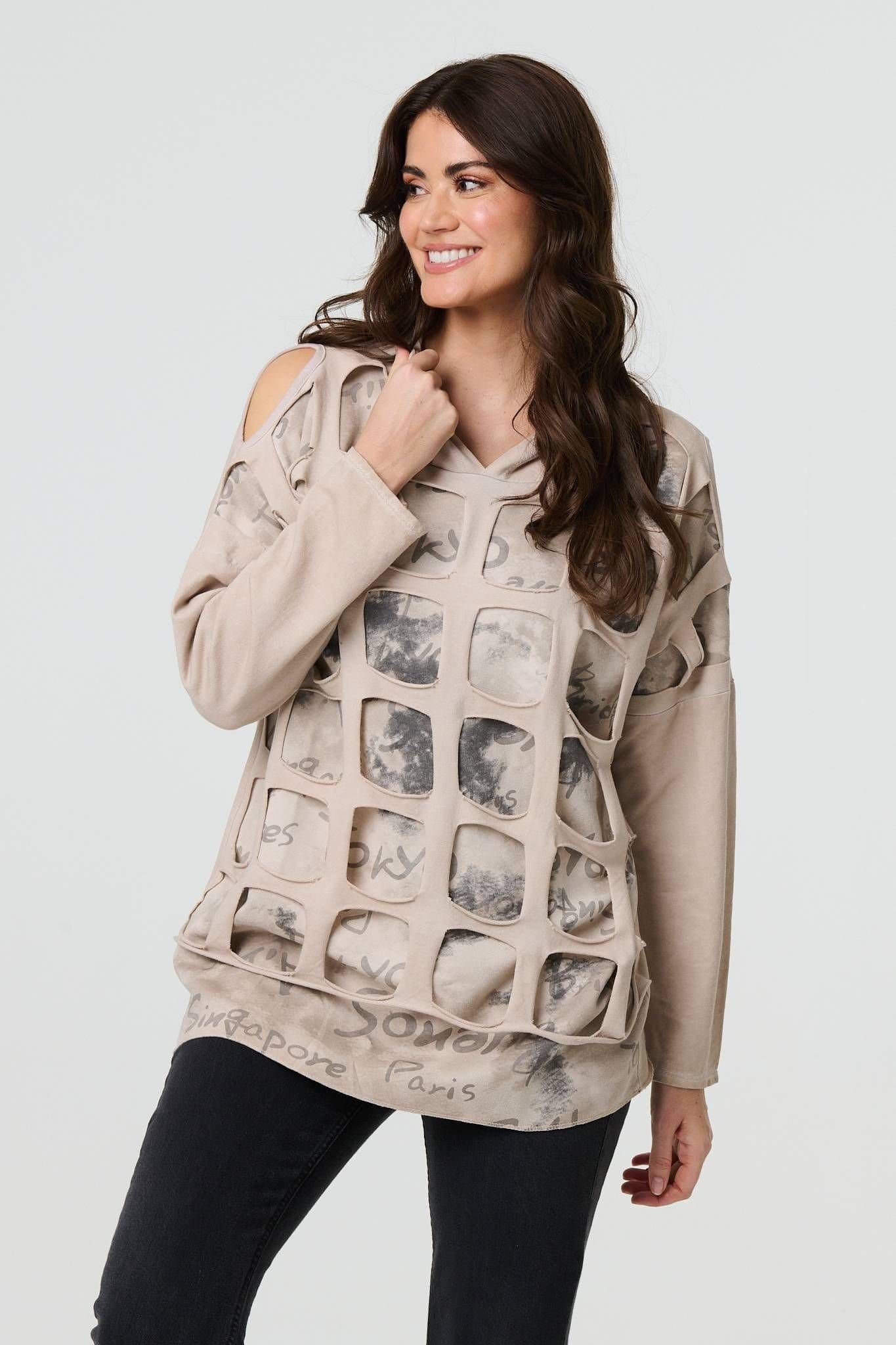 Izabel London Izabel London Women's Graphic Print Cut Out Layer Hoodie in Beige