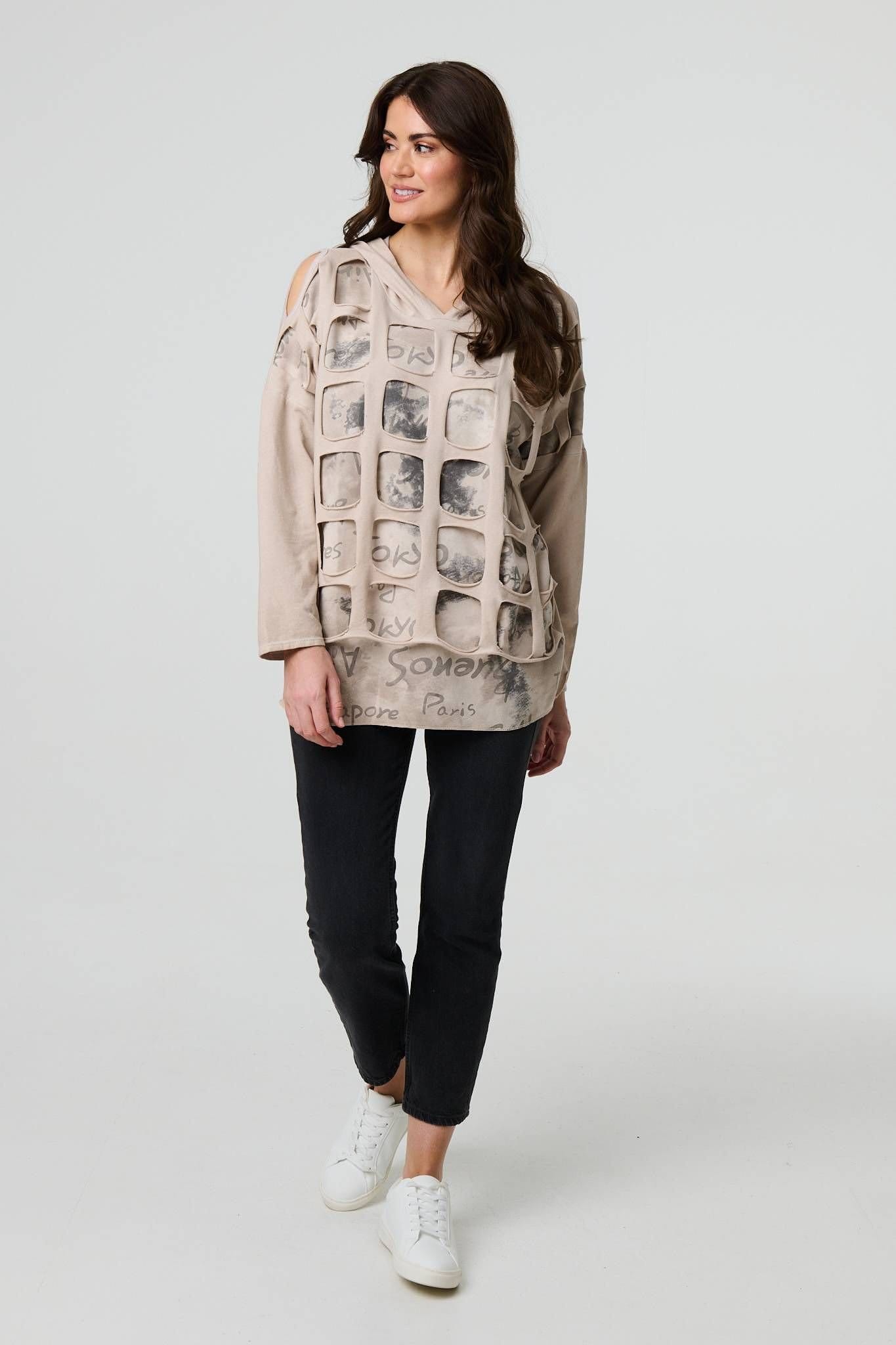 Izabel London Izabel London Women's Graphic Print Cut Out Layer Hoodie in Beige - 4