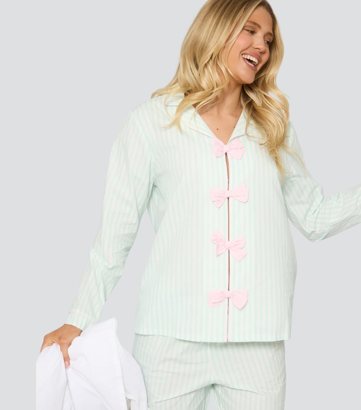 Loungeable Women's Loungeable Green Striped Bow Applique Pyjama Set Loungeable New Look