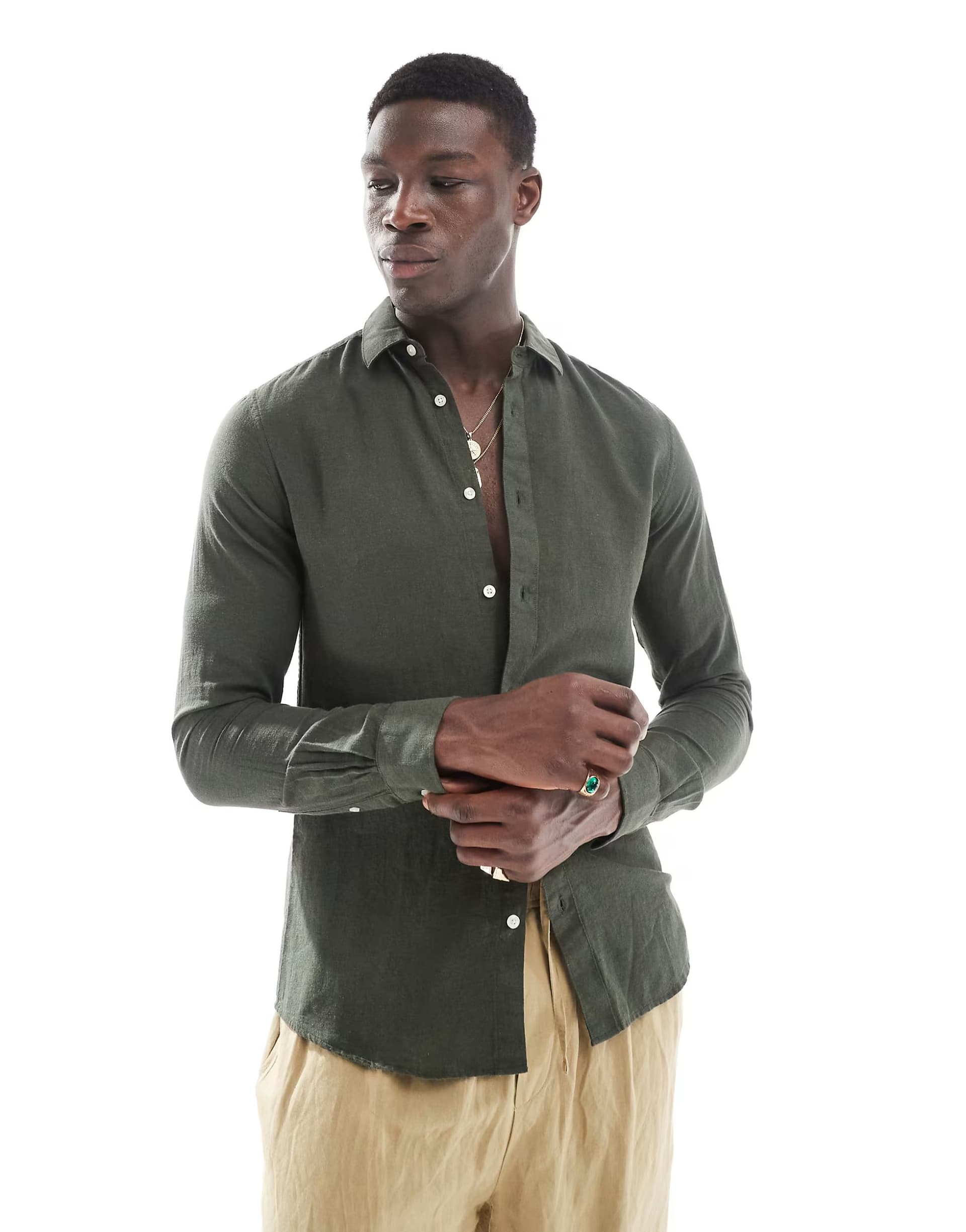 ASOS ONLY & SONS linen mix long sleeve shirt in dark green