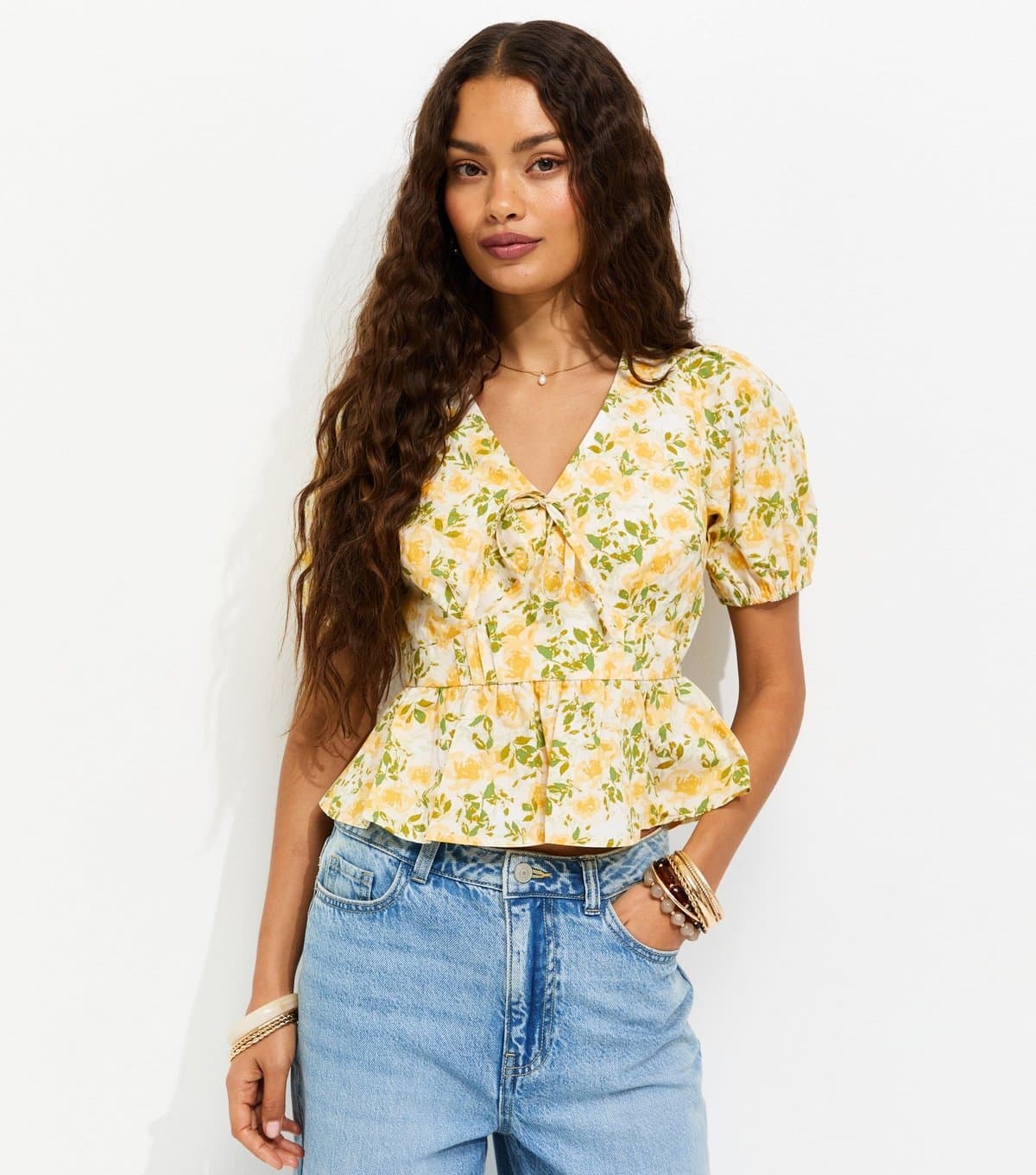 New Look Women's Petite Yellow Cotton Floral Puff Sleeve Peplum Blouse New Look