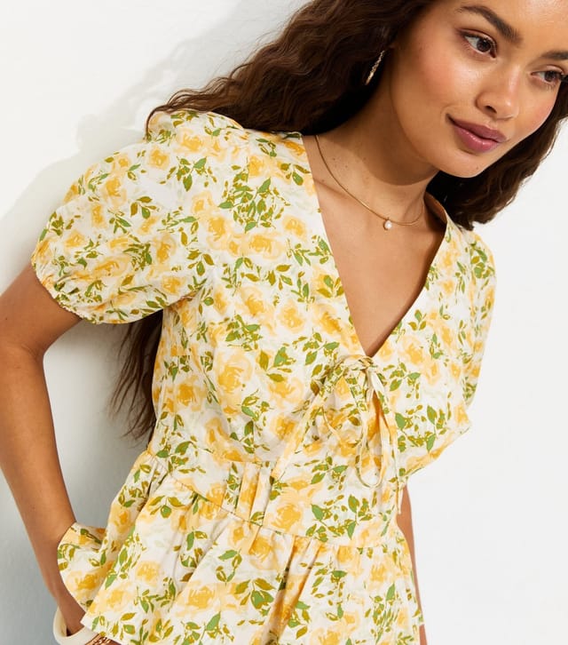 New Look Women's Petite Yellow Cotton Floral Puff Sleeve Peplum Blouse New Look - 2