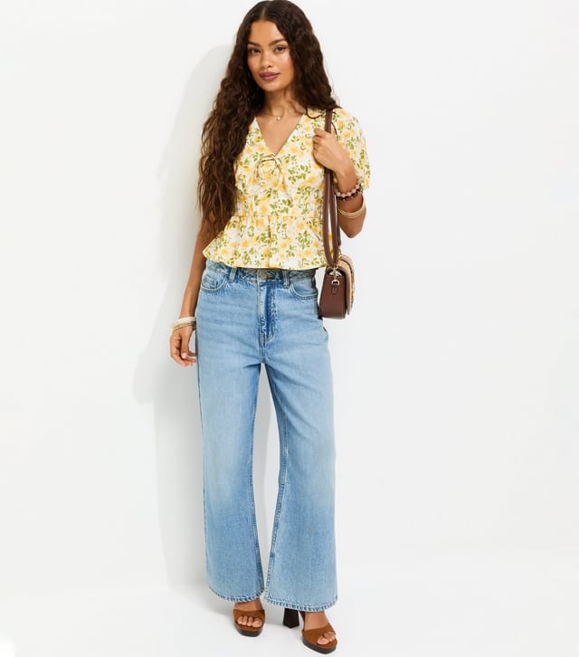 New Look Women's Petite Yellow Cotton Floral Puff Sleeve Peplum Blouse New Look - 3