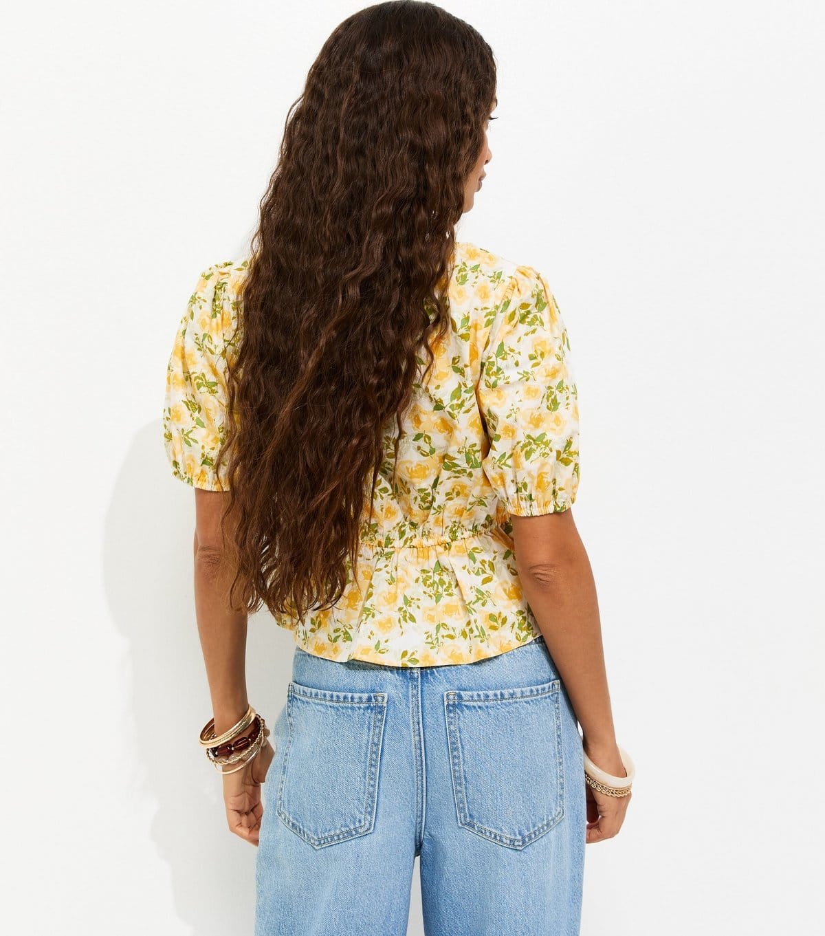 New Look Women's Petite Yellow Cotton Floral Puff Sleeve Peplum Blouse New Look - 4