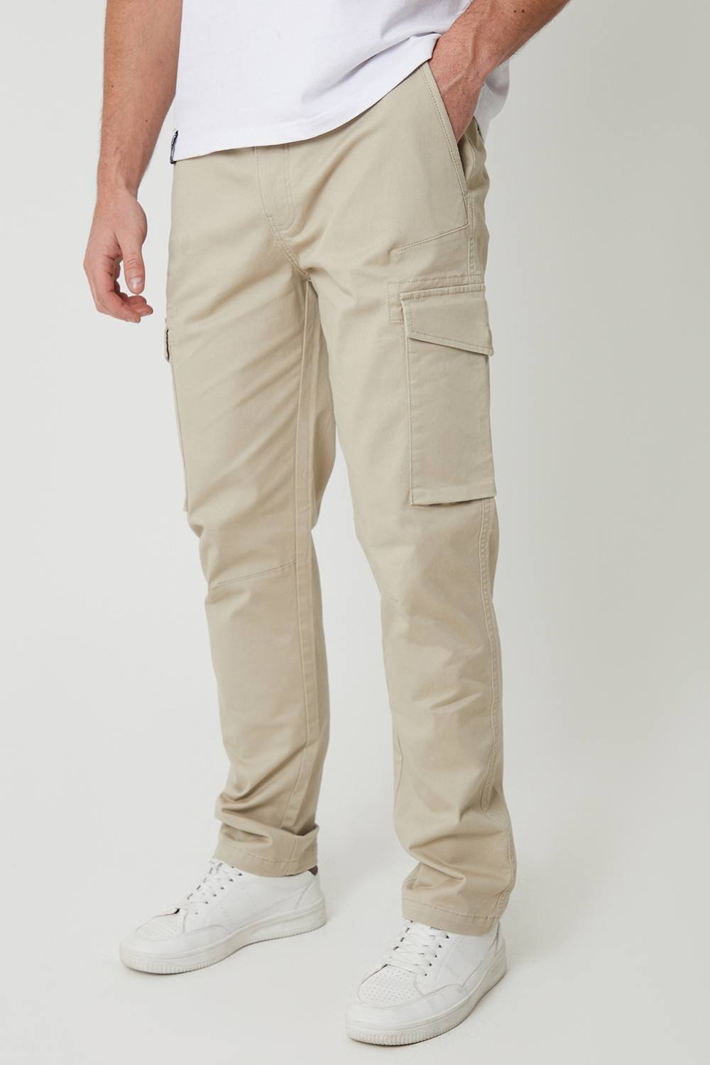 Threadbare Threadbare Men's Cotton Cargo Trousers With Stretch in Light Stone - 2